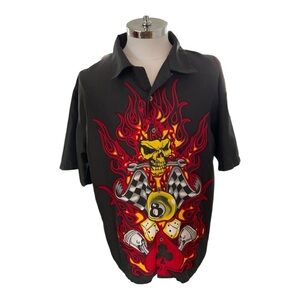 City Impact Men’s Sz XL Flames Skull 8 Ball Dice Wrench Pistons Button Shirt